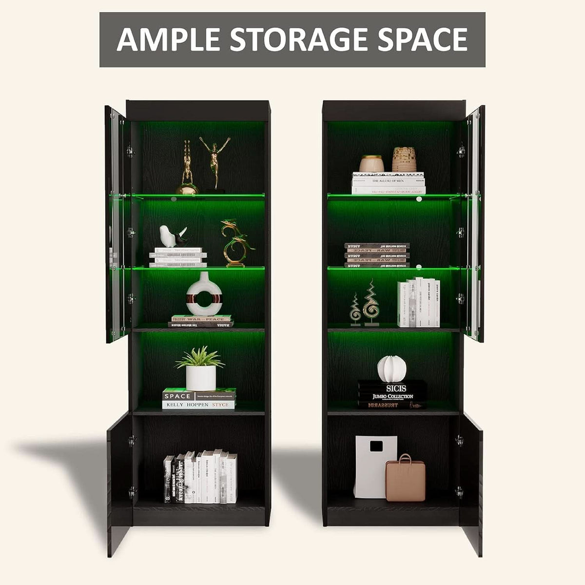 Two Piece 71 Inch Tall Bookcase Storage Cabinet With Glass Doors Set Of Two For Living Room And Office