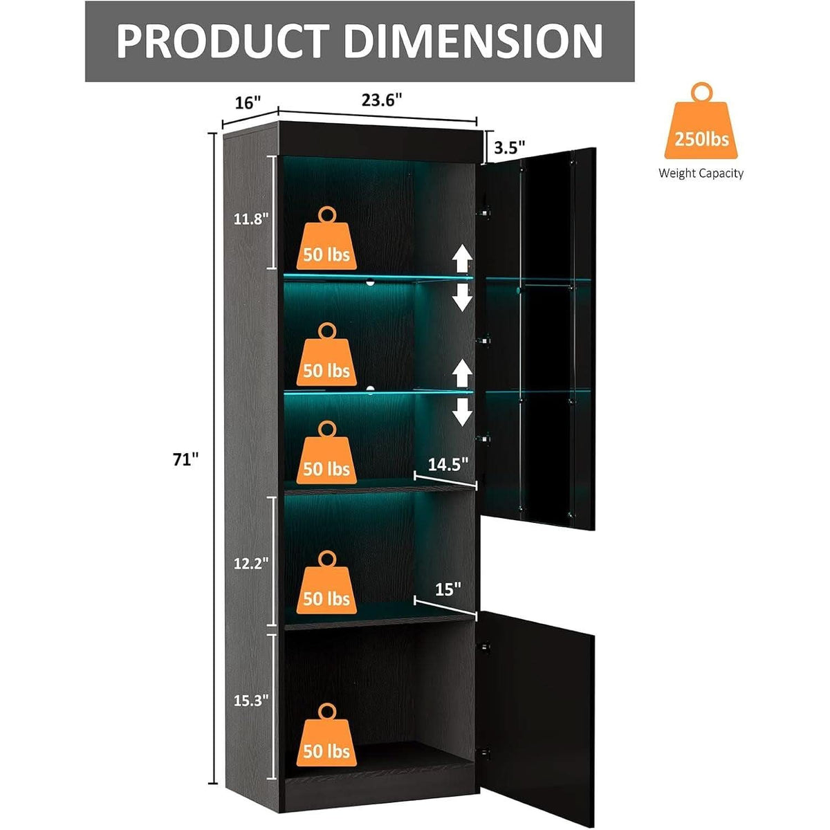 Two Piece 71 Inch Tall Bookcase Storage Cabinet With Glass Doors Set Of Two For Living Room And Office