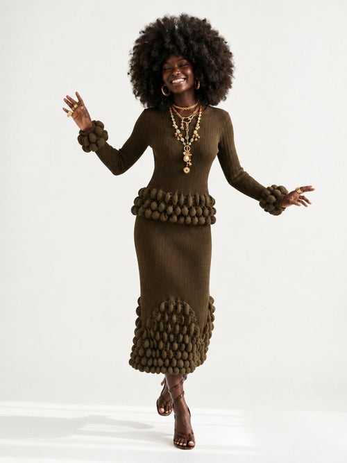 Elegant Pleated Ball Detail Two-Piece Set