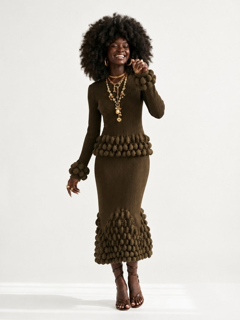 Elegant Pleated Ball Detail Two-Piece Set