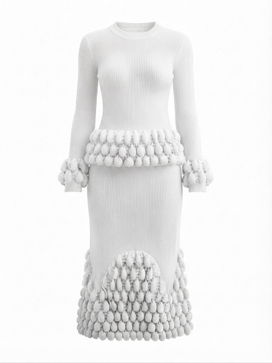 Elegant Pleated Ball Detail Two-Piece Set