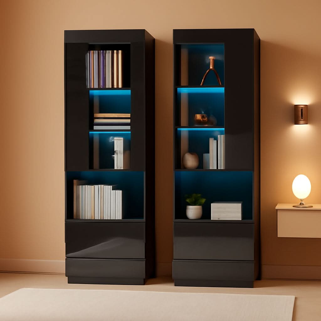Two Piece 71 Inch Tall Bookcase Storage Cabinet With Glass Doors Set Of Two For Living Room And Office