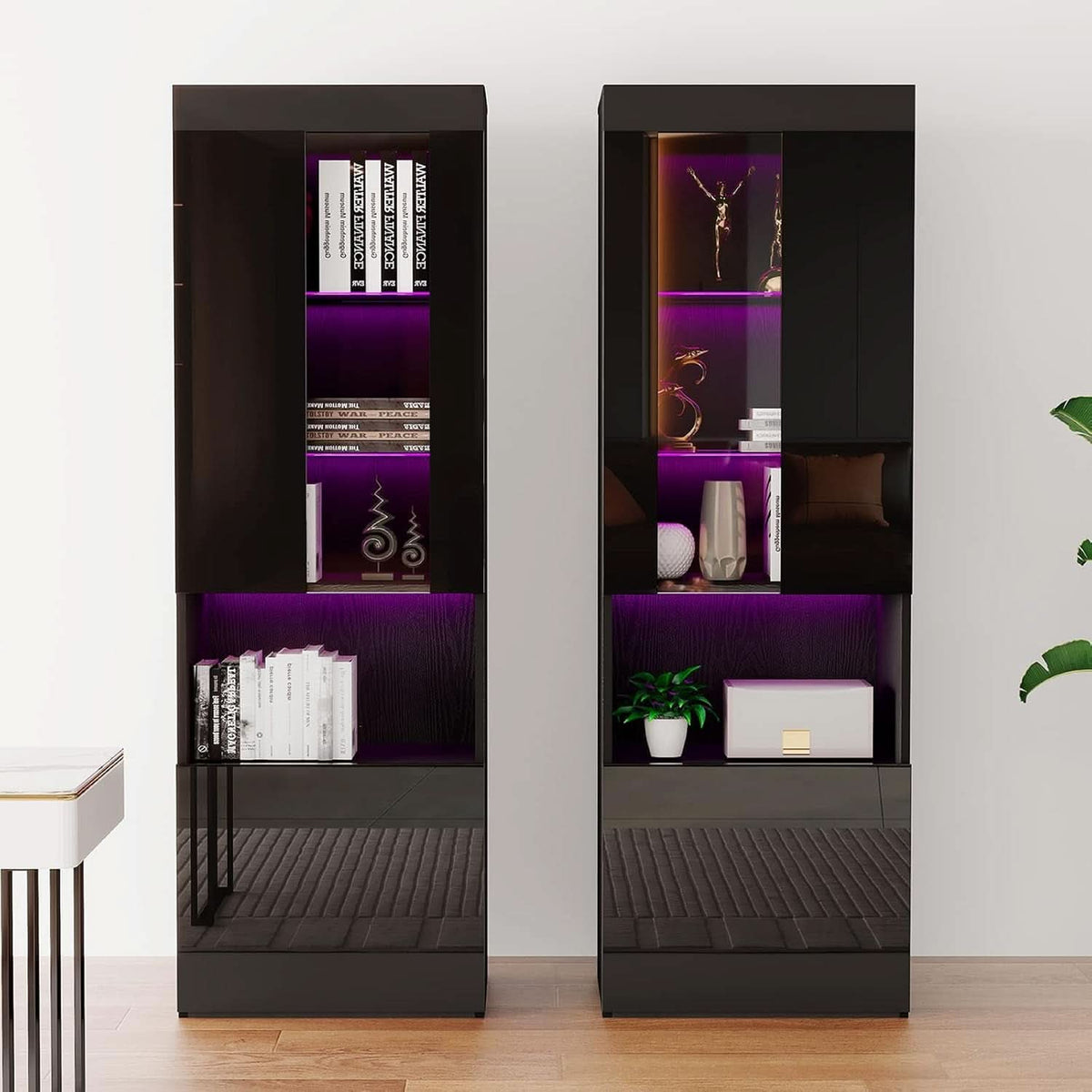 Two Piece 71 Inch Tall Bookcase Storage Cabinet With Glass Doors Set Of Two For Living Room And Office